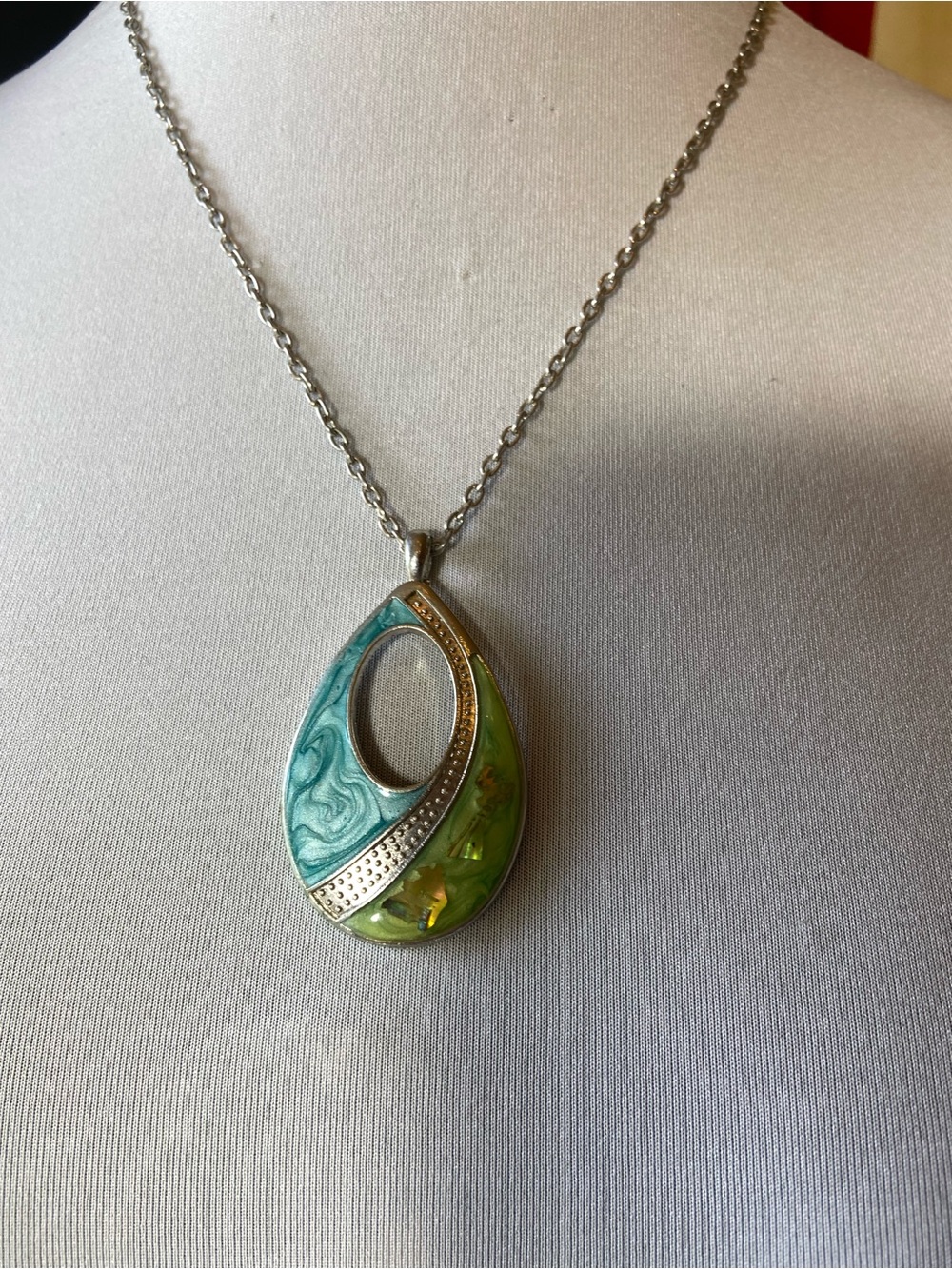 Silver Teardrop Pendant Necklace with Turquoise and Lime Inlay